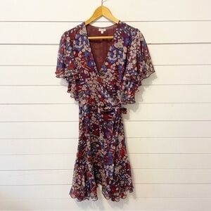 J. Peterman | Burgundy Floral Ruffle Wrap Knee Length 100% Silk Dress Size Small